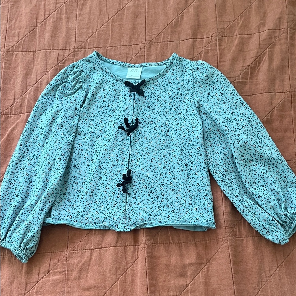 Zara Blue Floral Long Sleeve Top with Bow Details